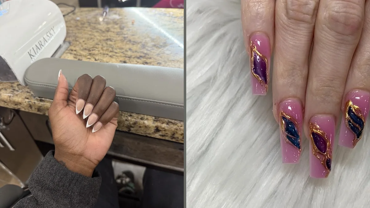 Acrylic nail set shown with glossy finish and shaped tips.